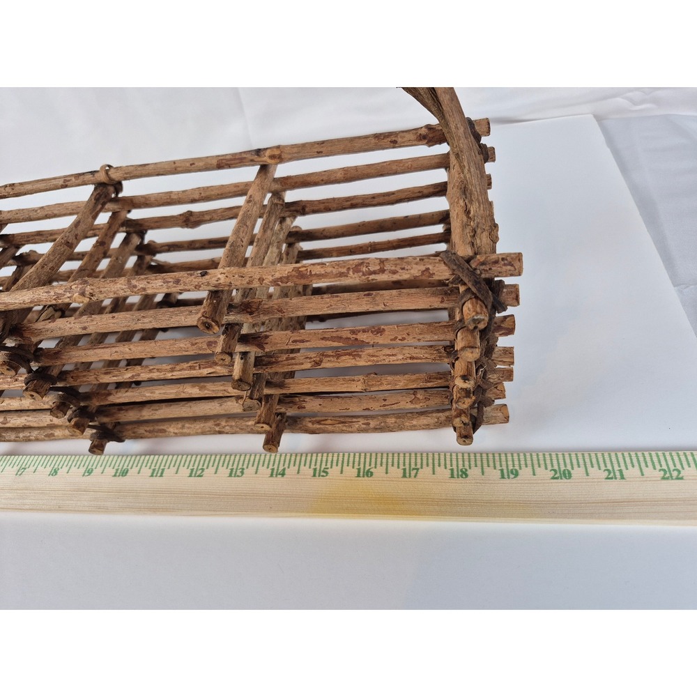 Large Vintage Rustic Twig Wood Basket Trug Primitive Farmhouse Cabin Decor - Picture 8 of 9